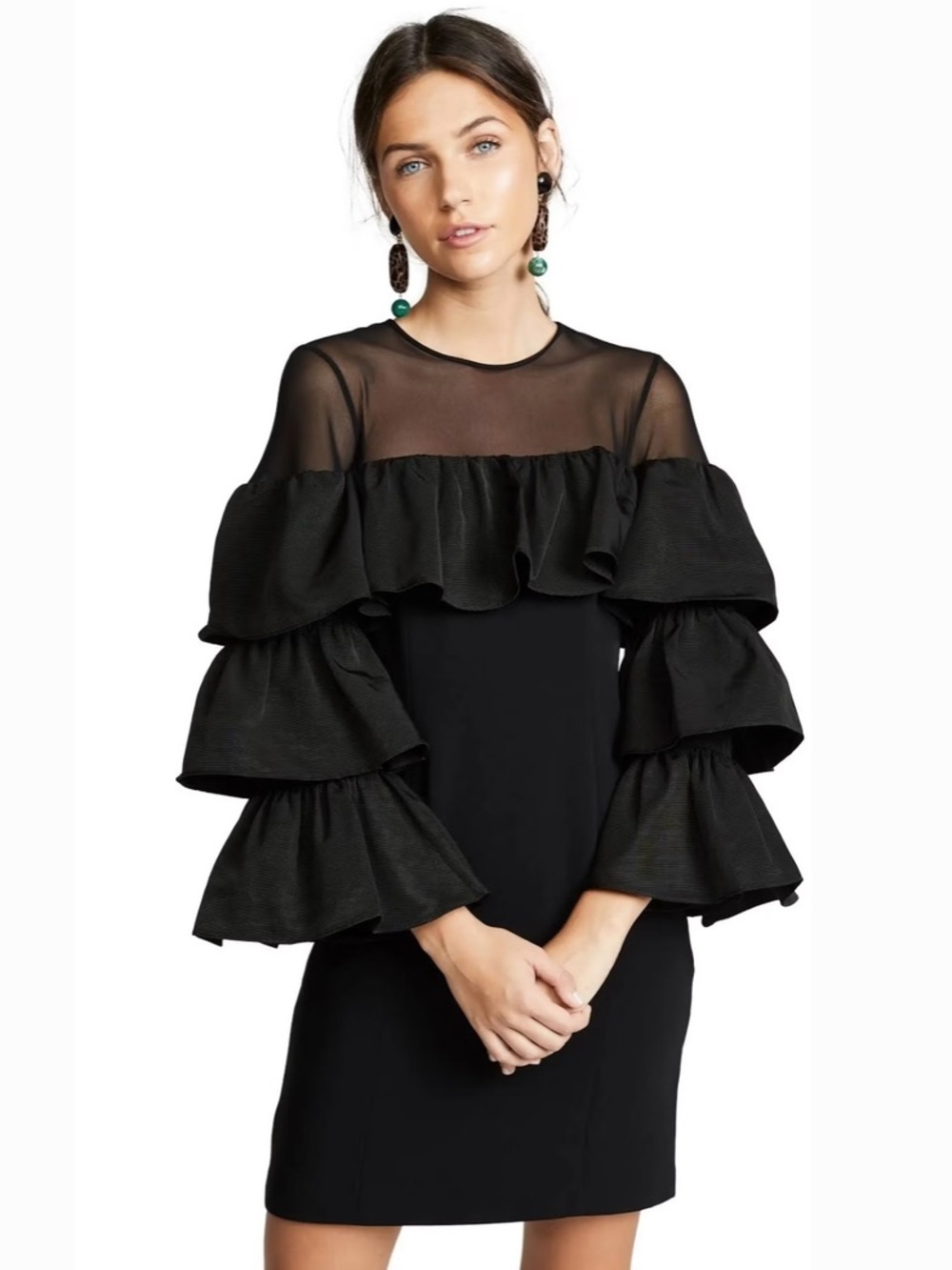 cinq a sept Black Valentina Tiered Ruffle Sleeve Mini Dress